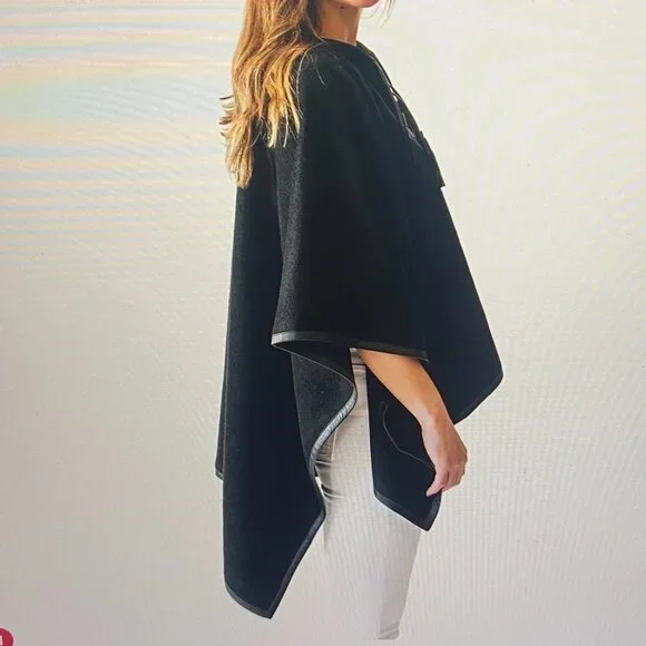 Stick & Ball Navy Blue Baby Alpaca Lambskin Leather Trimmed Poncho NWT $425.00 - Picture 3 of 15